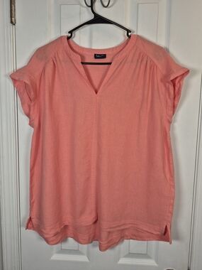 Splendid Coral Orange Linen Blend V-Neck Cap Sleeve Top Blouse Women's Size L